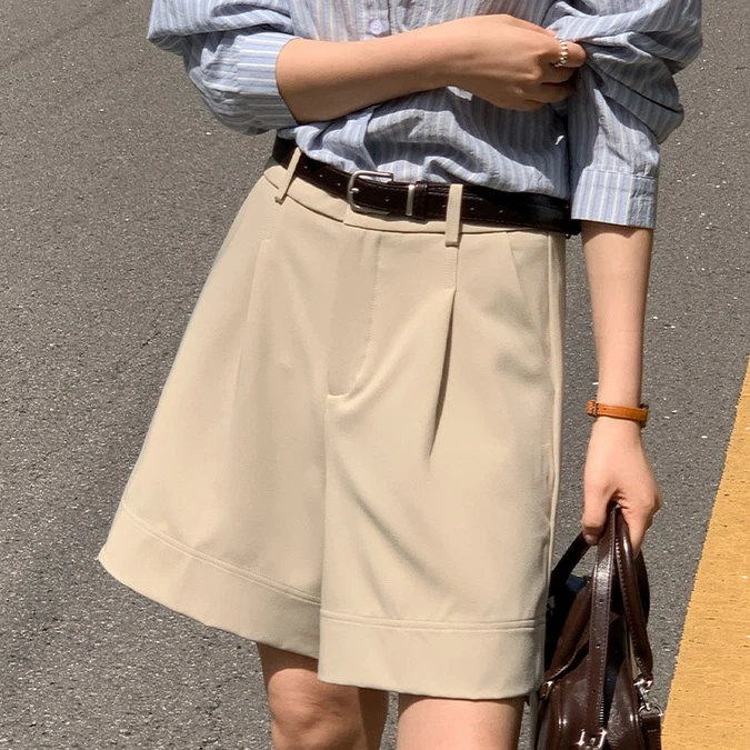  正韓 打褶後鬆緊腰 不易皺四分褲西裝褲 附腰帶【W76259】 