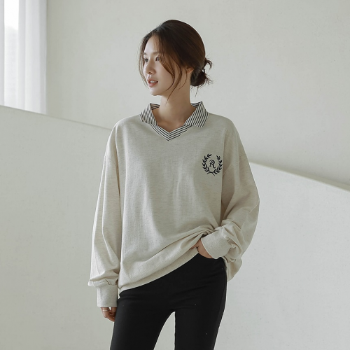  Forever Kids  正韓   拼接條紋領刺繡上衣〔Ab10223〕