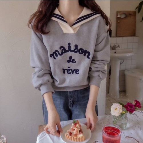  Forever Kids 正韓 刺繡字母 拼色水手領 長袖棉T 上衣【HA60296】韓國代購