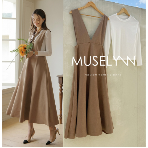  Foever Kids 正韓 一套!白色長袖素T+麂皮V領裙擺背心裙 長洋裝連身裙 套裝【A62185】韓國代購