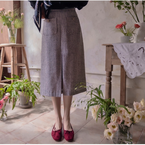  Forever Kids 正韓 雙口袋 下擺開岔格紋花呢 長裙【A621246】韓國代購