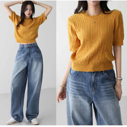  Forever Kids 正韓 好氣色麻花針織衫羊毛素面 圓領五分袖上衣【C621249】韓國代購