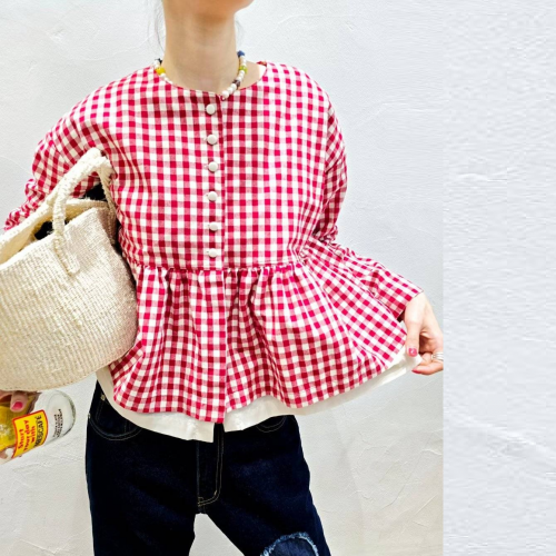  Forever Kids 正韓 可愛拼接層次下擺格紋 開扣娃娃衫襯衫【A621261】韓國代購