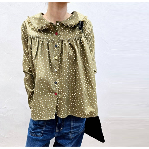  Forever Kids 正韓 質感點點配色扣 小抓褶蕾絲領襯衫【A621263】韓國代購