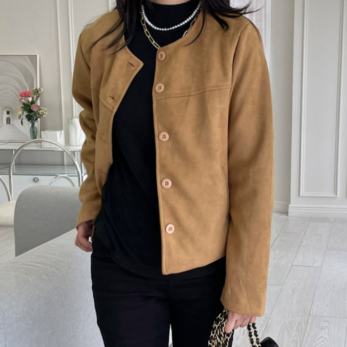  Forever Kids 正韓   簡約排扣圓領素面 絨面革外套【A621275】