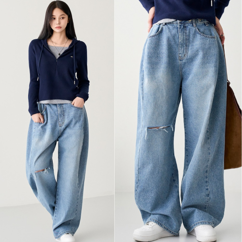  個性膝蓋微破設計 寬鬆牛仔挺版男友褲【B621287】