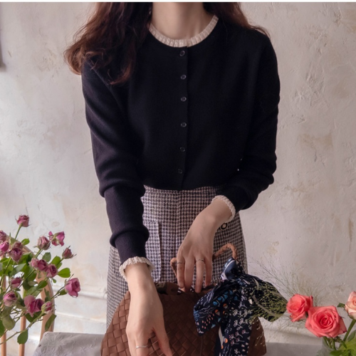  Forever Kids 正韓 柔軟好彈性 迷你蕾絲配色開襟針織衫外套【CE621286】韓國代購