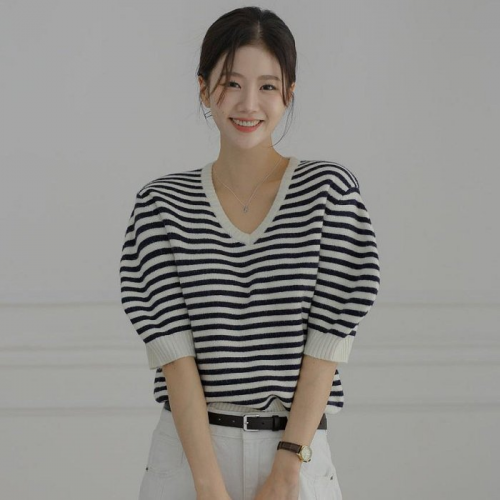  Forever Kids 正韓 小拋袖V領條紋針織上衣 短袖【T65909】
