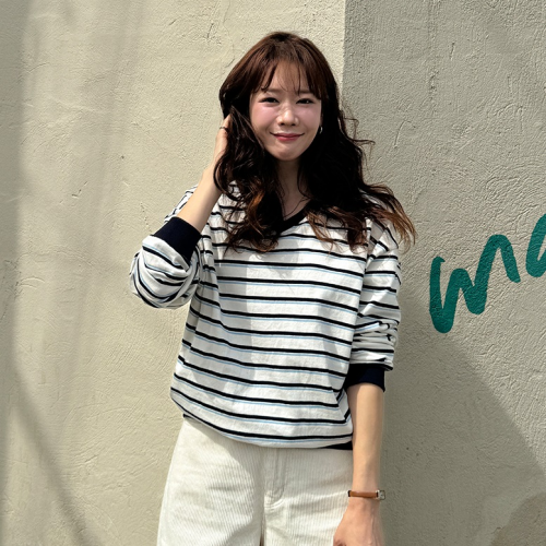  Forever Kids  正韓  經典V領配色條紋T【A621323】