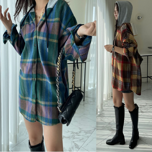  Forever Kids 正韓  磨毛連帽格紋長版襯衫外套【B621323】韓國代購