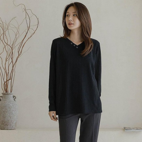 Forever Kids 正韓 V領鈕扣彈性針織螺紋上衣 寬鬆長版【A522378】韓國代購