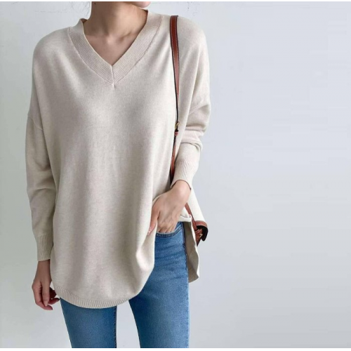  Forever Kids 正韓 柔軟V領落肩長版開岔下擺 針織上衣【A621362】韓國代購