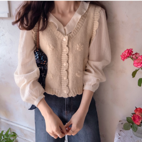  Forever Kids 正韓 立體花朵波浪V領針織背心 【F621391】韓國代購