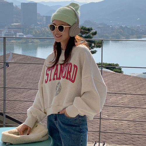 Forever Kids 正韓  休閒 半短字母落肩寬鬆 內刷毛衛衣【AB42281】