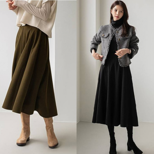 正韓  傘版氣質毛呢喇叭裙 長裙【H52376】