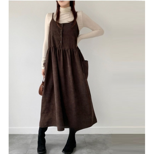 Forever Kids 正韓 吊帶燈芯絨口袋 連身裙 長洋裝背心裙寬鬆版【H622210】韓國代購