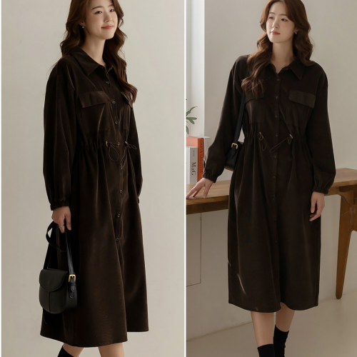 Forever Kids  正韓   燈芯絨抽繩洋裝 腰身長連身裙【A322505】