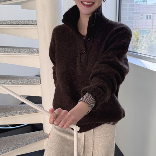 Forever Kids 正韓 率性立領 開扣蓬鬆寬鬆長袖針織上衣 【N6293】韓國代購