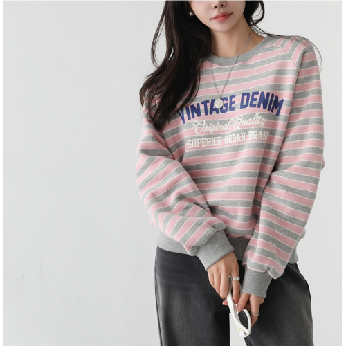 正韓 粉嫩色 條紋內刷毛刺繡字母T寬鬆上衣【NS6296】韓國代購