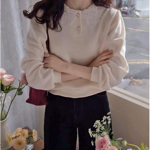 Forever Kids 正韓 甜美內刷毛蕾絲領 珍珠扣刷T上衣【DS52376】韓國代購