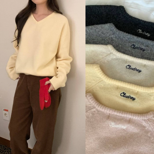 正韓 簡約背字母刺繡點綴 羊毛針織上衣【K62236】韓國代