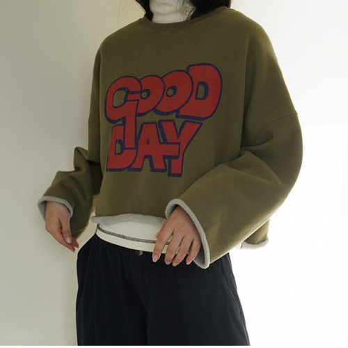 正韓 喜歡!溫暖休閒半短字母 落肩純棉內刷毛T【AB622368】韓國代購