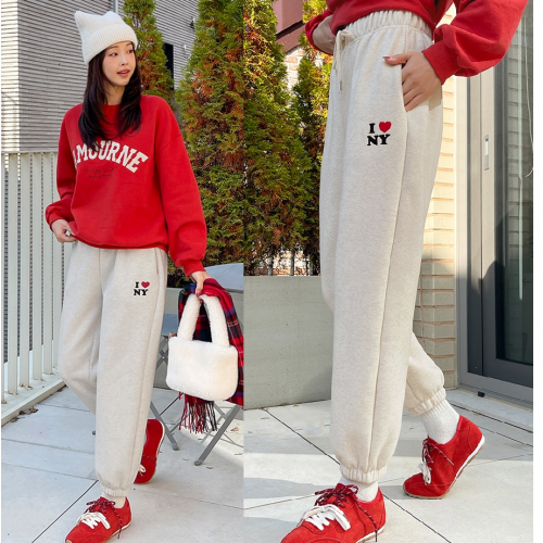 正韓 溫暖愛心刺繡 內刷毛縮口褲 休閒褲【C622376】