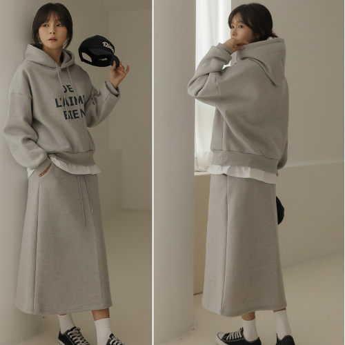 正韓  一套!連帽拼接棉T+長裙套裝【A62232】
