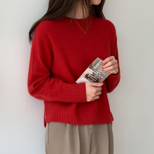 正韓 簡約質感下擺斜切口 羊毛針織上衣【k623401】韓國代購