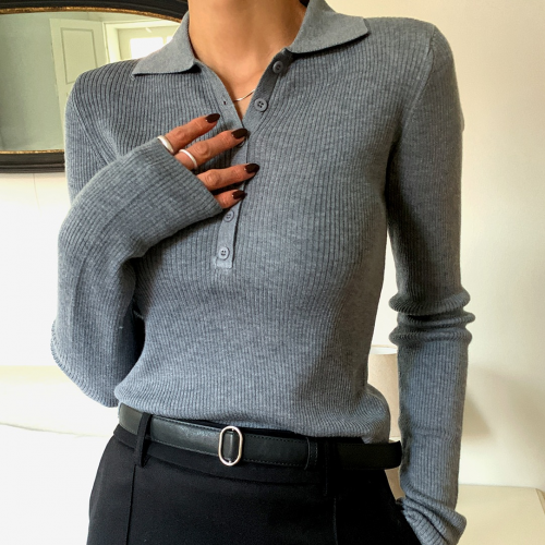 正韓  螺紋合身開扣彈性翻領 針織上衣【k62348】