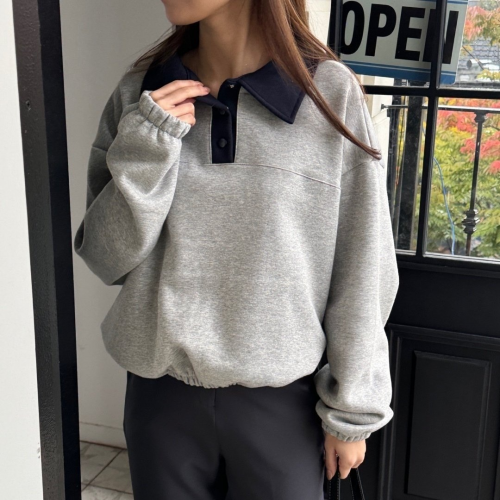 正韓 俐落配色翻領開扣 下縮 內磨毛棉T上衣【A62305】韓國代購