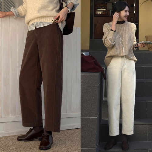 正韓 寬鬆弧形腰線 燈芯絨後鬆緊腰 九分褲【A62307】韓國代購