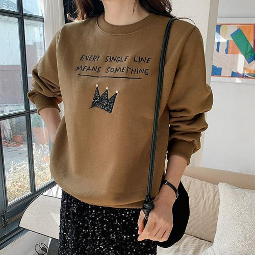 正韓 內刷毛黃冠刺繡T上衣【A62309】】韓國代購