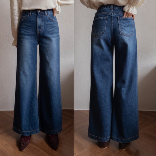 Forever Kids  正韓 流暢線條水洗寬鬆版 牛仔寬褲鬆緊腰【A23213】