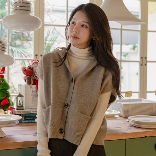 正韓  好可愛連帽半短口袋背心【C22329】