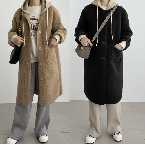 正韓 可拆式連帽排扣 毛茸茸長版大衣外套【CE22321】韓國代購