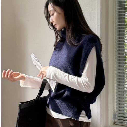 正韓 微立領高領下擺羅紋 側扣羊毛背心【R623201】韓國代購
