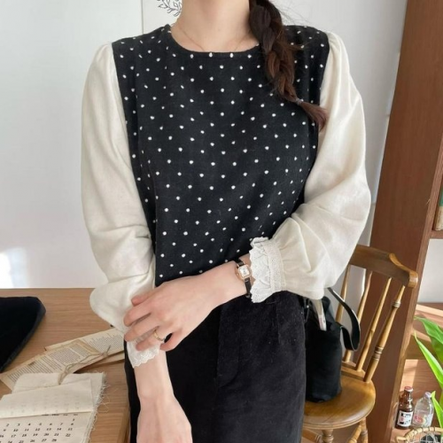 正韓 拼接點點緹花袖口 上衣T【A23342】韓國代購