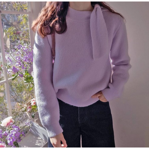 正韓 很美的紫色氣質領結針織上衣【B23341】韓國代購