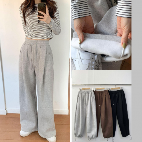 正韓 保暖休閒打褶線條 刷毛內裡抽繩 縮口褲寬褲【R623420】