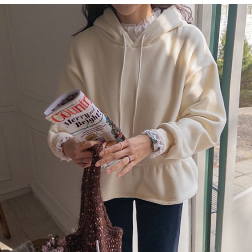 正韓 可愛又休閒荷葉下擺 內刷毛連帽上衣【C623426】韓國代購