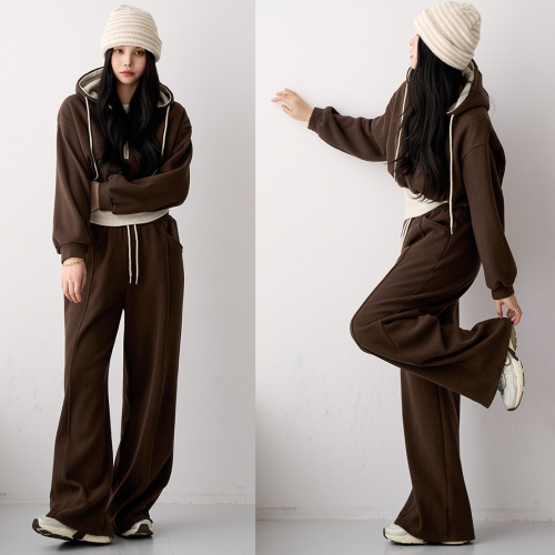 正韓 一套!率性連帽半拉鍊內絨毛拼接上衣+寬褲 套裝【A72702】韓國代購