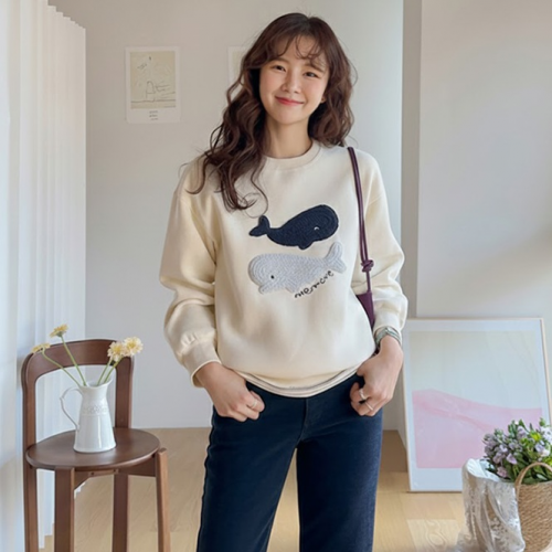 正韓 可愛立體鯨魚刺繡衛衣 內刷毛上衣T【V72241】韓國代購