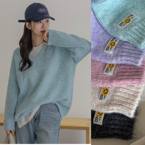 正韓 寬鬆多色可選V領毛絨微笑袖口貼布 針織上衣【S72251】韓國代購