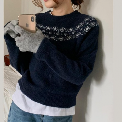 正韓 北歐風雪花圖騰羊毛插肩針織上衣【C72271】韓國代購