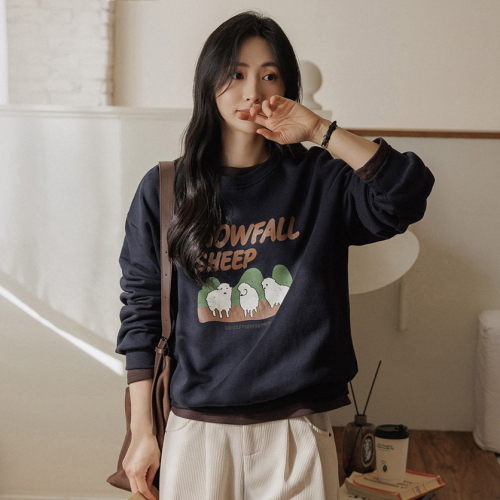 正韓 可愛綿羊印花刷毛棉T上衣【A72275】