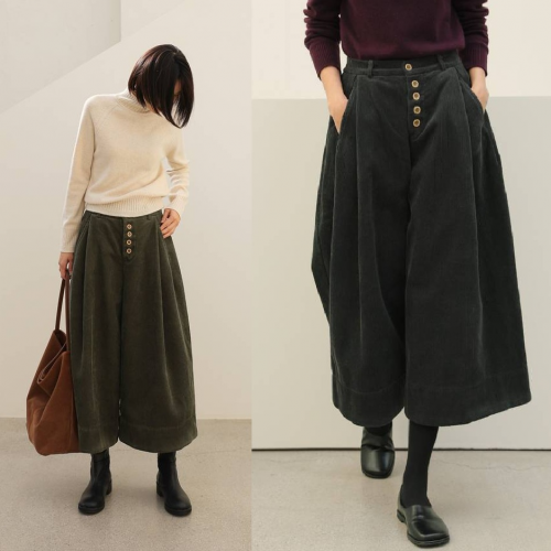 正韓 有型溫暖燈芯絨 後鬆緊腰寬鬆八分褲 寬褲【C72273】"韓國代購