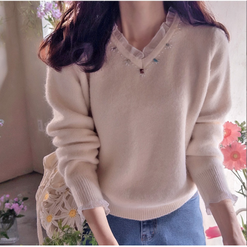 正韓 拼接寶石領袖 荷葉邊寬鬆羊毛針織衫【T72327】韓國代購