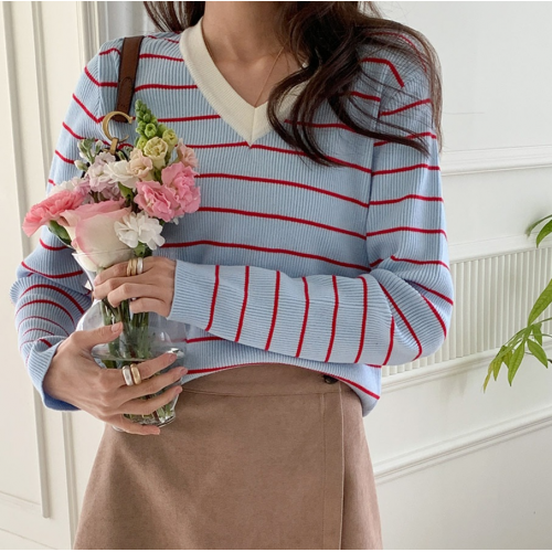 正韓 亮眼彩色 V領配色彈性條紋上衣【A73401】韓國代購