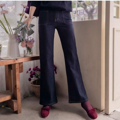 正韓 好穿柔軟彈性 拉絨襯裡不褪色口袋 牛仔褲小喇叭 靴型褲【E22398】韓國代購